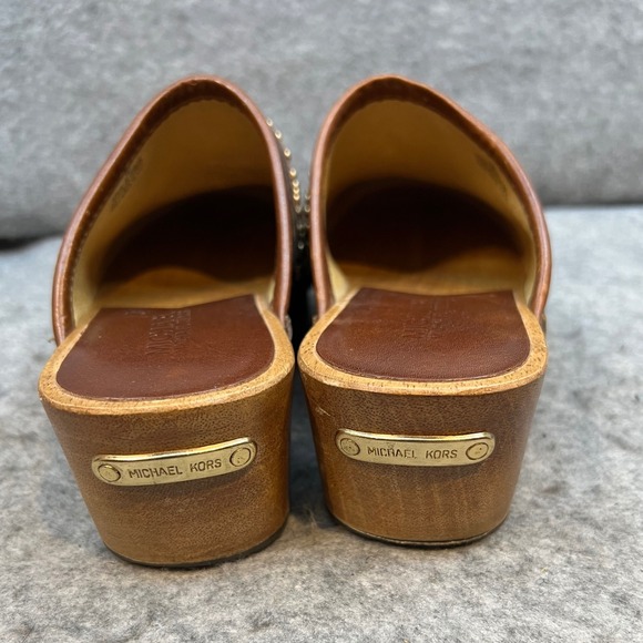 Michael Kors Studded‎ Leather Clogs Mules Brown Wooden Heel Women's Shoes Size 7 - Picture 6 of 9